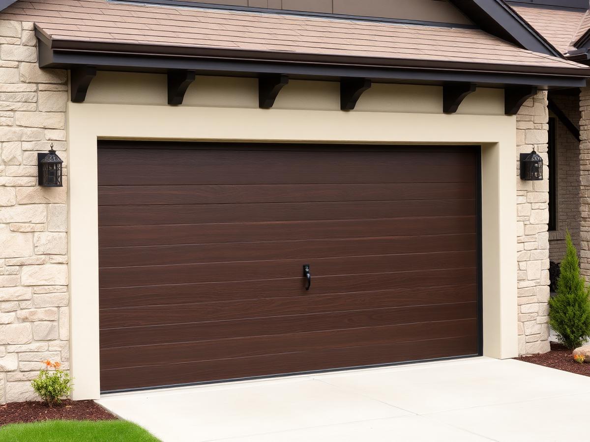 Modern wood-grain garage door installed on a Denver home